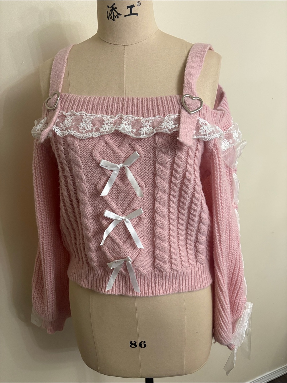 Pink Off-Shoulder Cable Knit Sweater with Ribbon Detail Kawaii